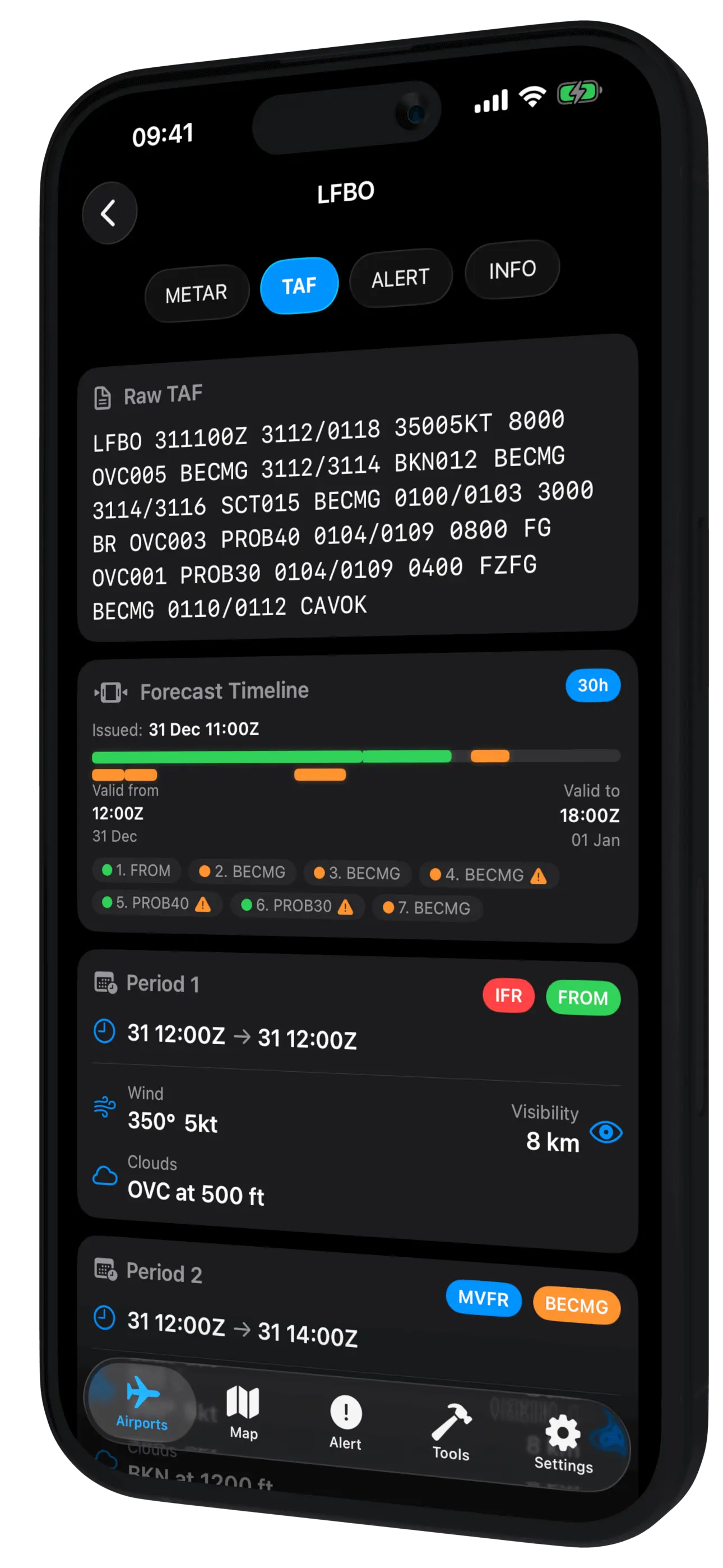 AirportWX screenshot showing TAF