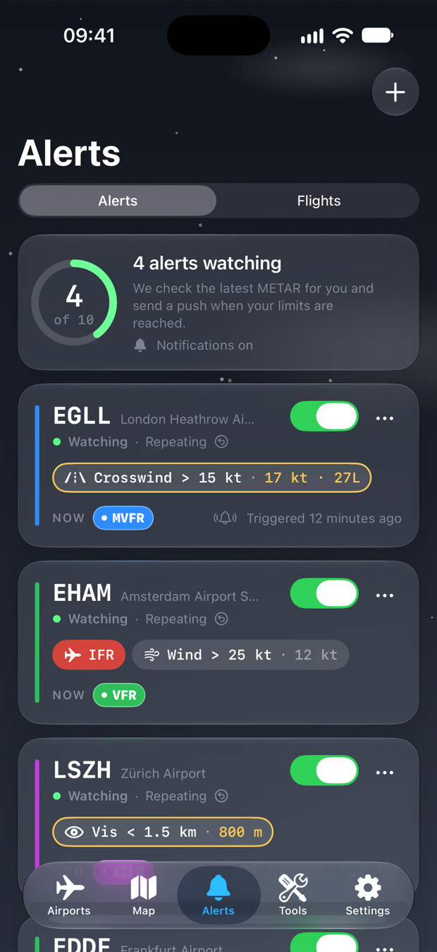 Weather alerts in AirportWX: an alert for London Heathrow triggered by a 17 knot crosswind on runway 27L