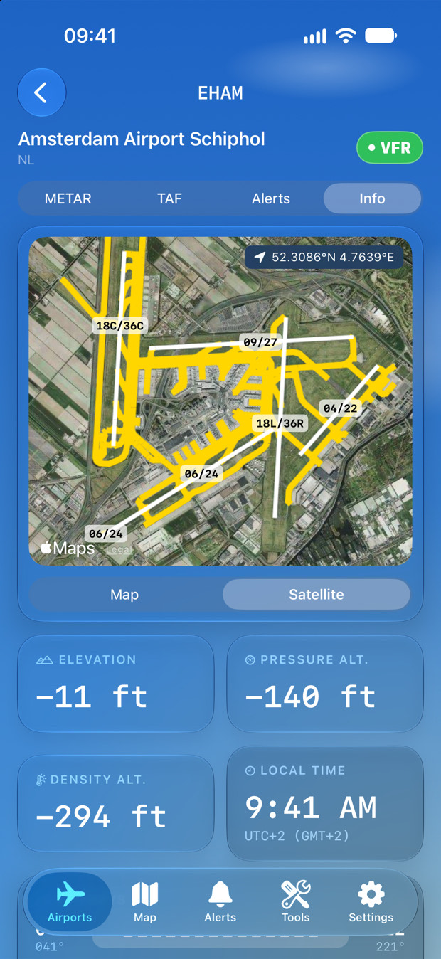 Satellite view of Amsterdam Schiphol with every runway labelled, field elevation and pressure altitude