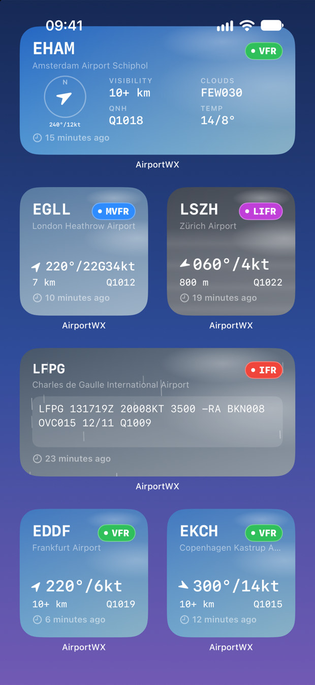 Home Screen with AirportWX widgets for Amsterdam, London Heathrow, Zurich and Paris Charles de Gaulle